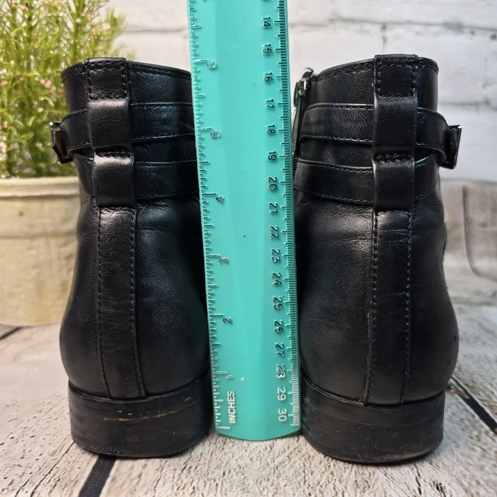 J. JILL BLACK LEATHER WOMENS ANKLE BOOTS SIDE ZIP ROUND TOE BUCKLE 9.5